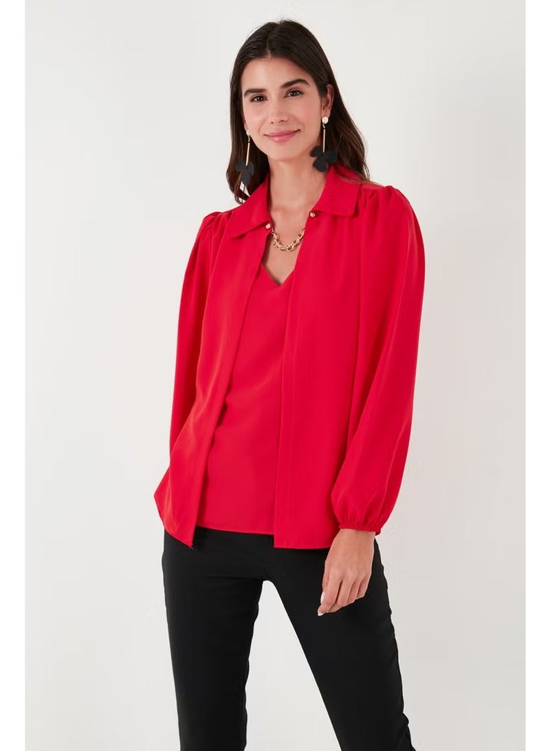 Lela Regular Fit V-Neck Balloon Sleeve Blouse Women's Blouse 611BZ0353 - Image 5